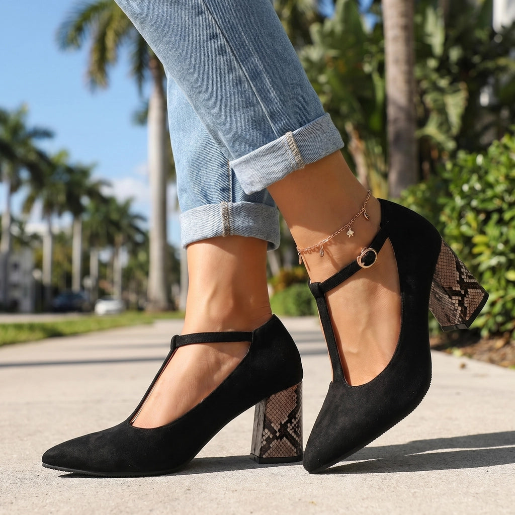 Black Kayla T-Strap Heels 1