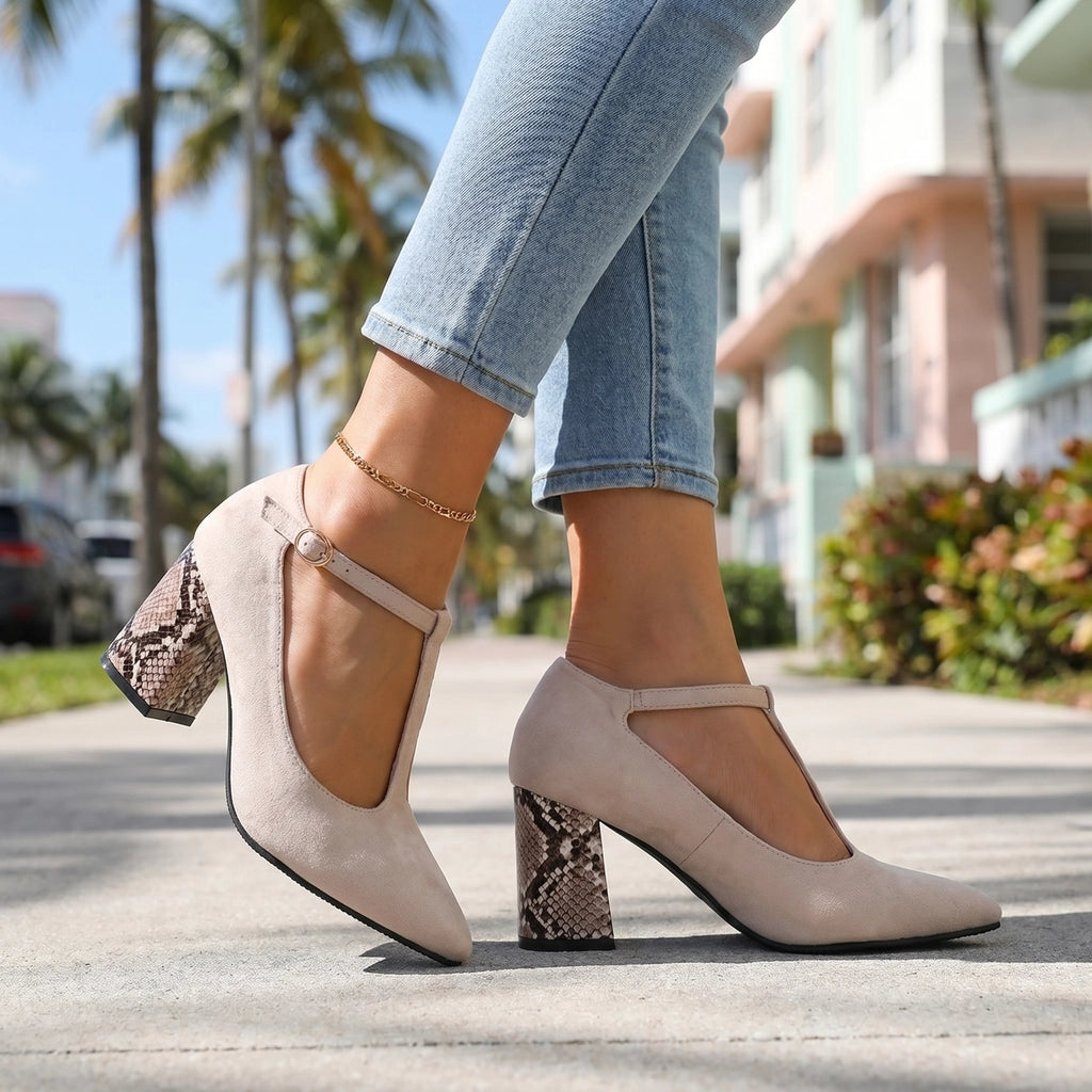 Beige Kayla T-Strap Heels 1