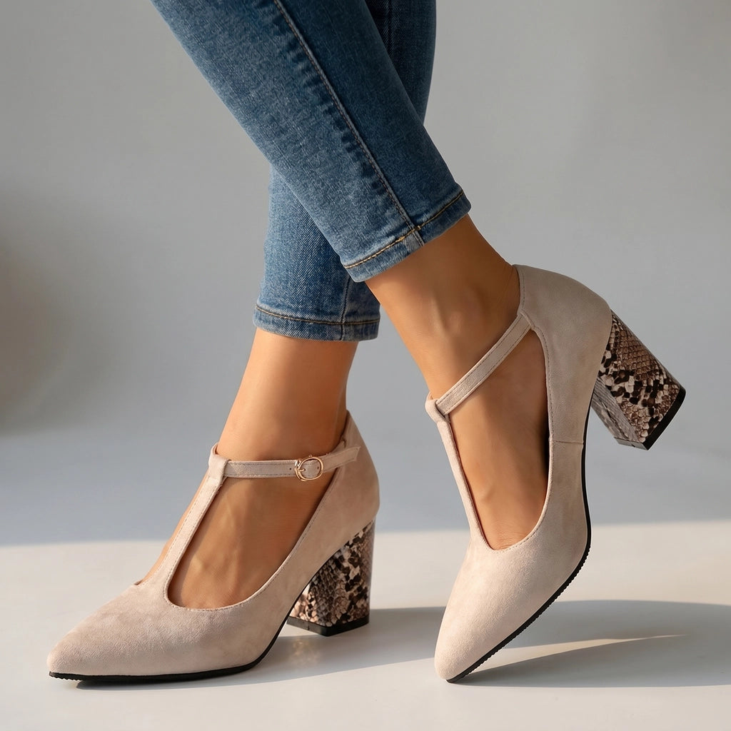 Beige Kayla T-Strap Heels 3