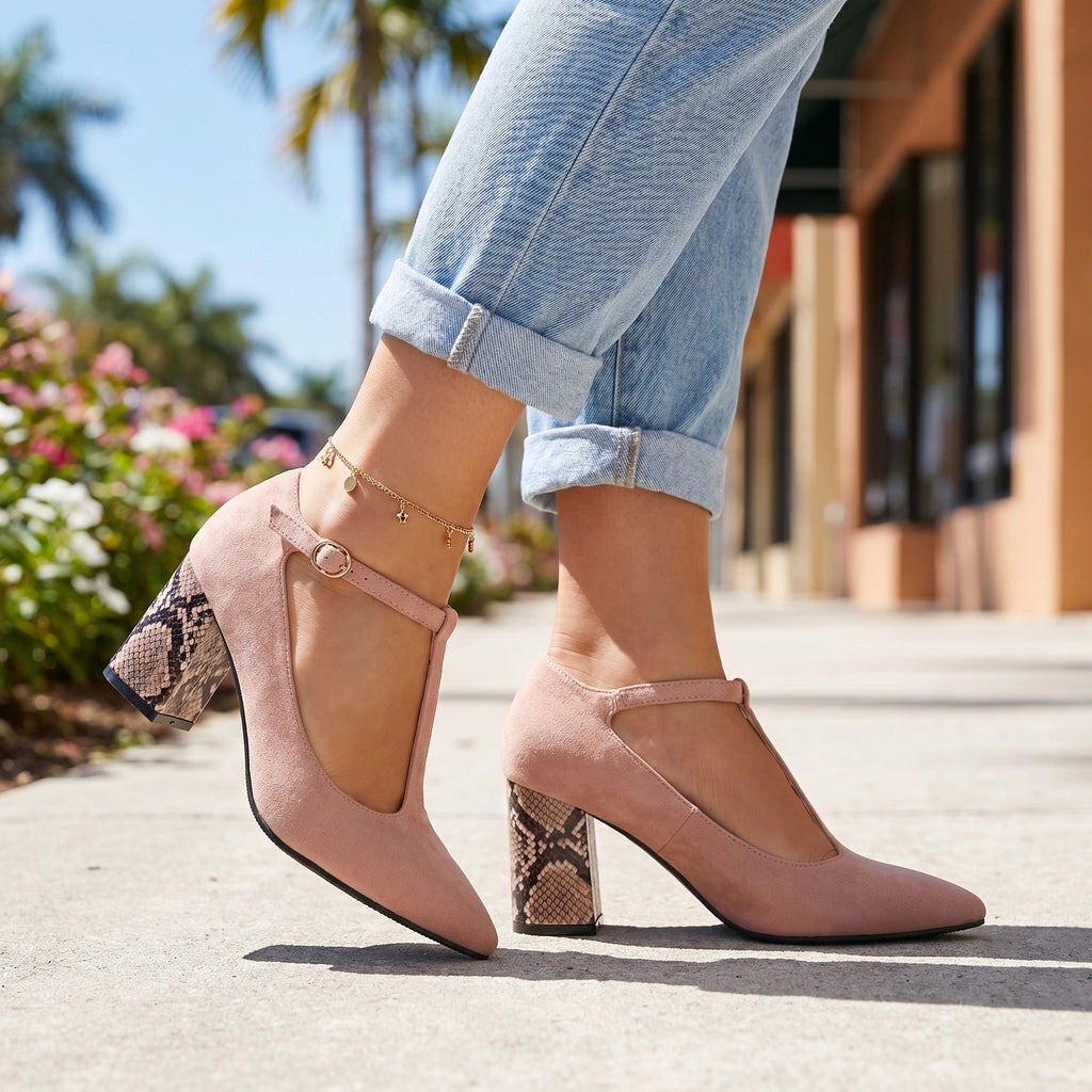 Pink Kayla T-Strap Heels 2