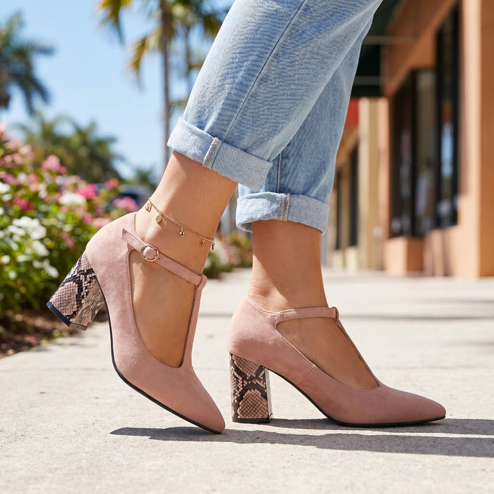 Pink Kayla T-Strap Heels 2