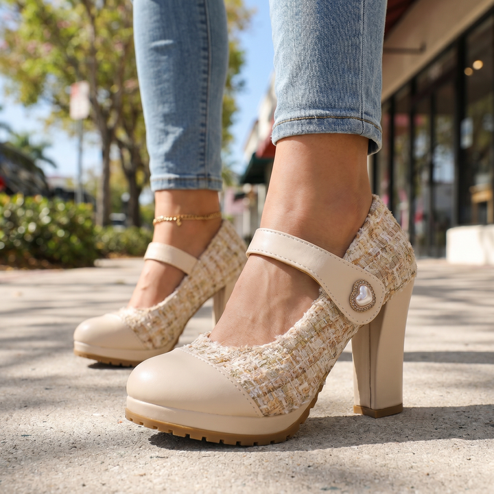 Beige Eliza Tweed Block Heels 1