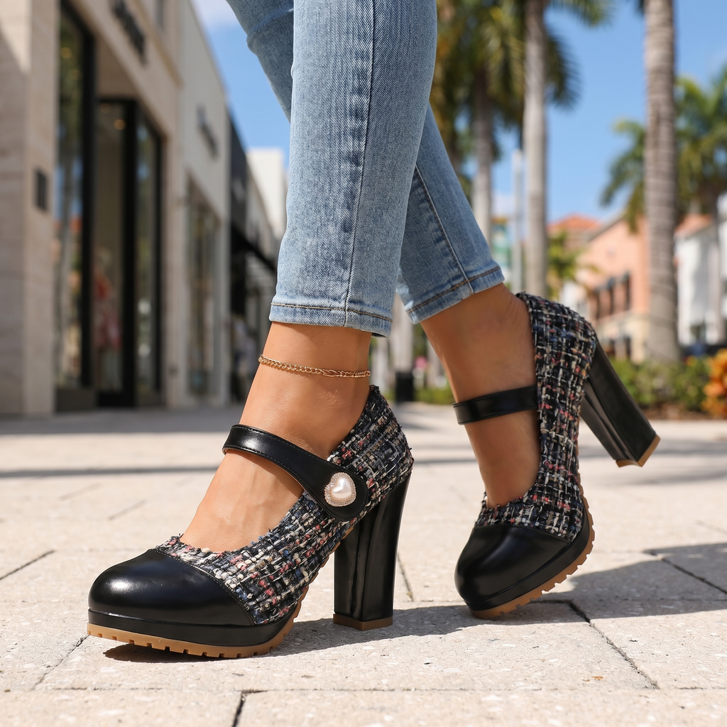 Black Eliza Tweed Block Heels 1