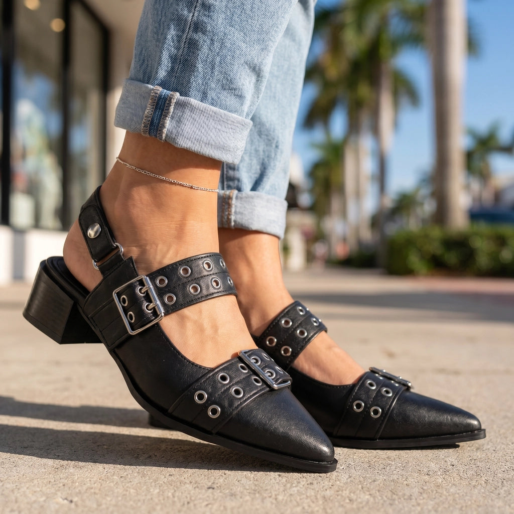 Black Fern Pointed Mary Jane Sandals 4