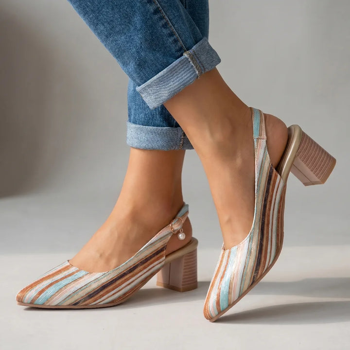 Denise Striped Slingback Heels - Color:Apricot;Size:38