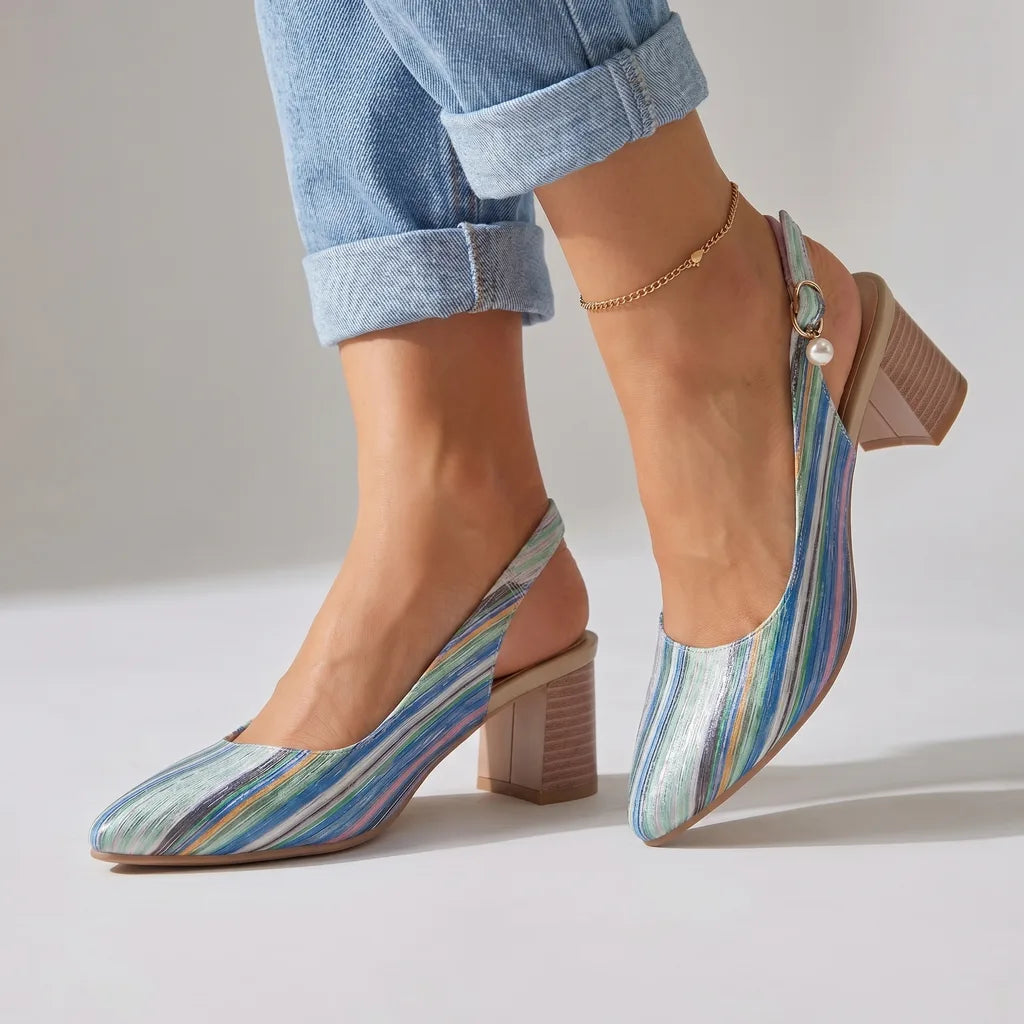 Denise Striped Slingback Heels - Color:Blue;Size:38