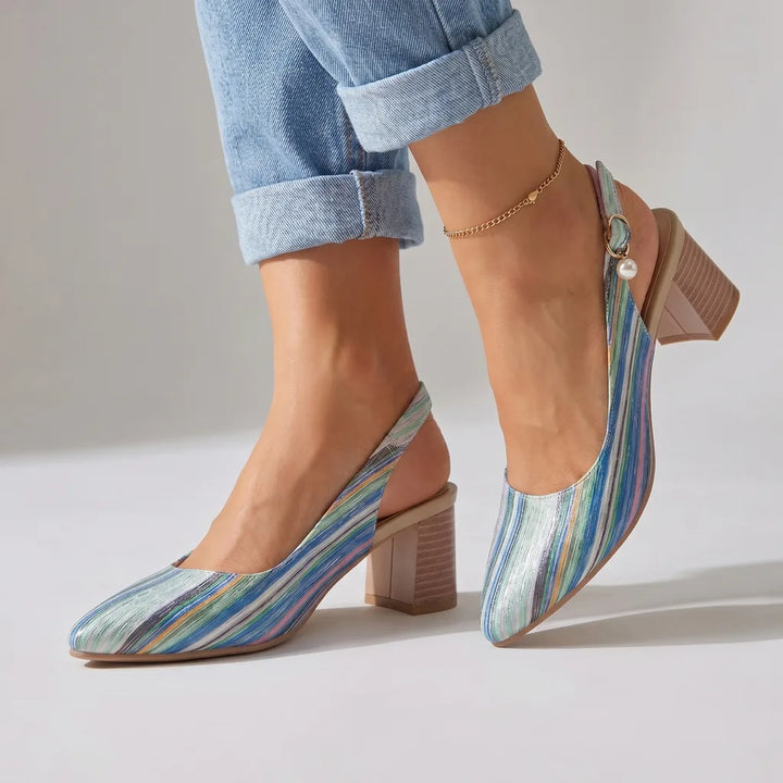 Denise Striped Slingback Heels - Color:Blue;Size:38