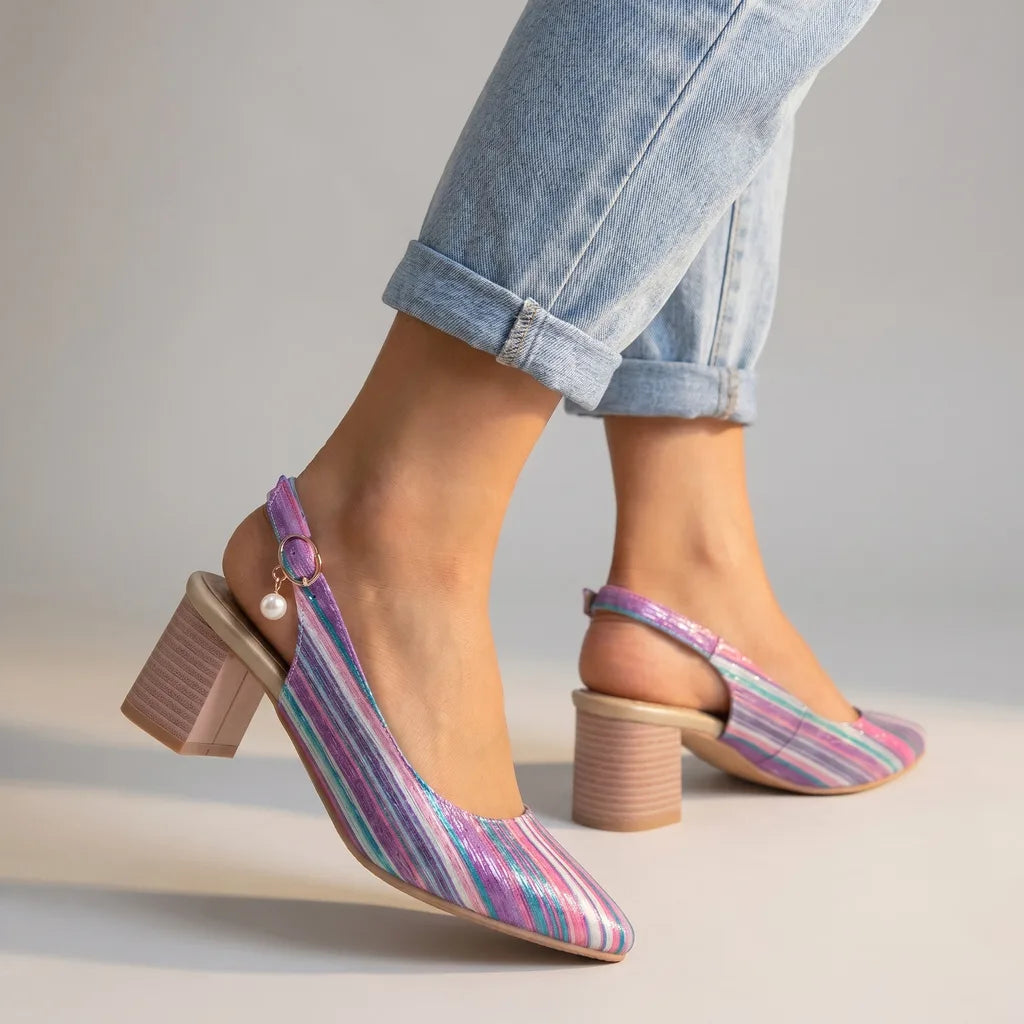 Denise Striped Slingback Heels - Color:Purple;Size:38