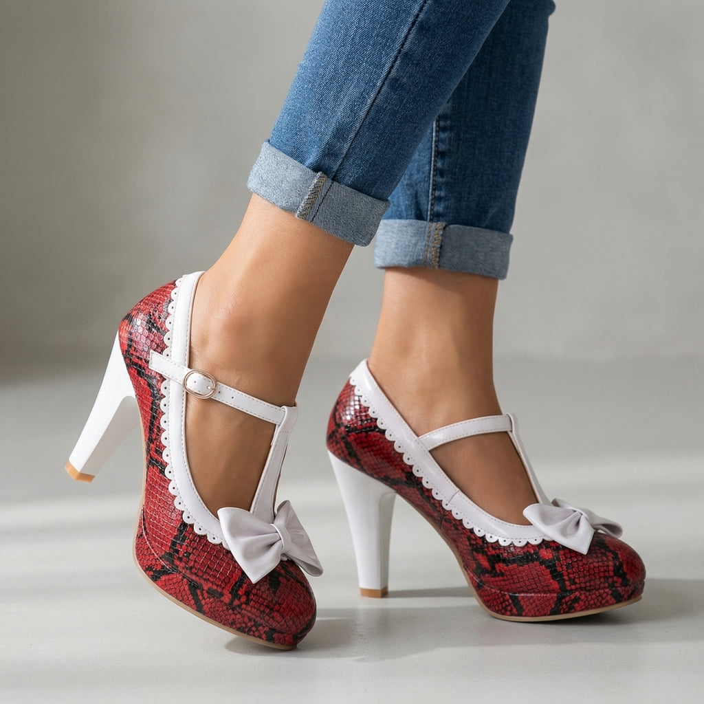 Eliza Bow T-Strap Pumps - Color:Red;Size:35