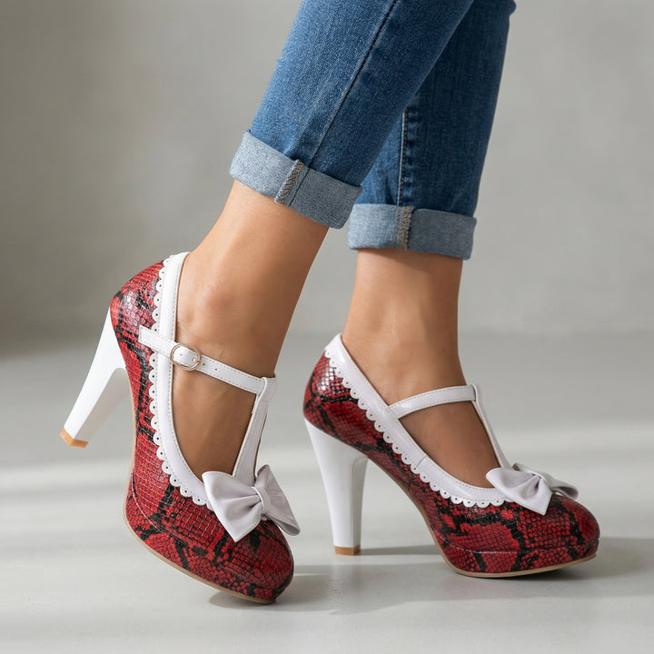 Eliza Bow T-Strap Pumps - Color:Red;Size:35