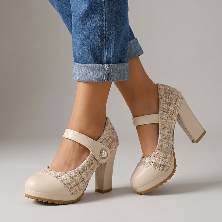 Eliza Tweed Block Heels - Color:Beige;Size:35