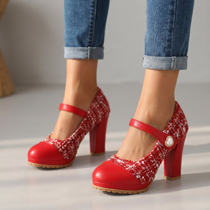 Eliza Tweed Block Heels - Color:Red;Size:35