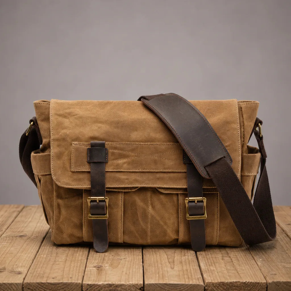 Felix Waxed Canvas Messenger Bag - Color:Beige