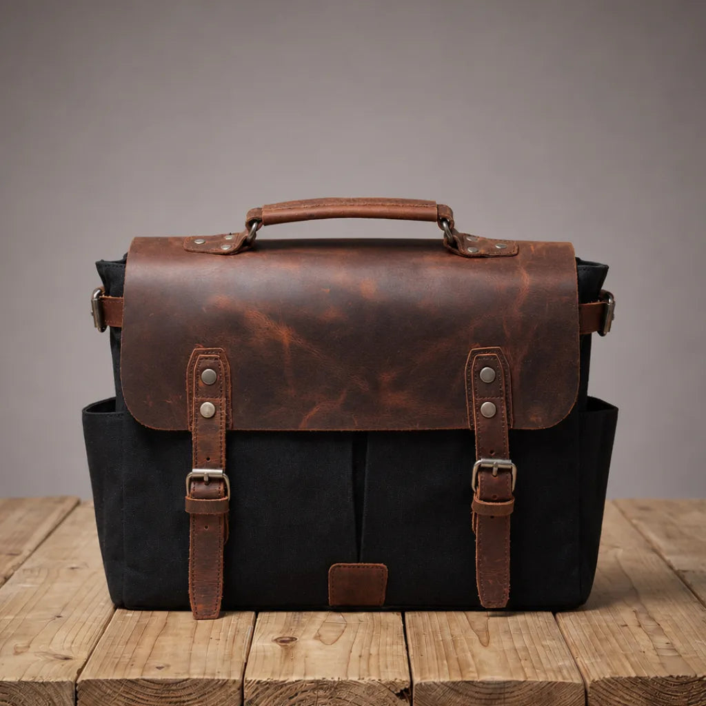 Gabriel Waxed Canvas Briefcase - Color:Black