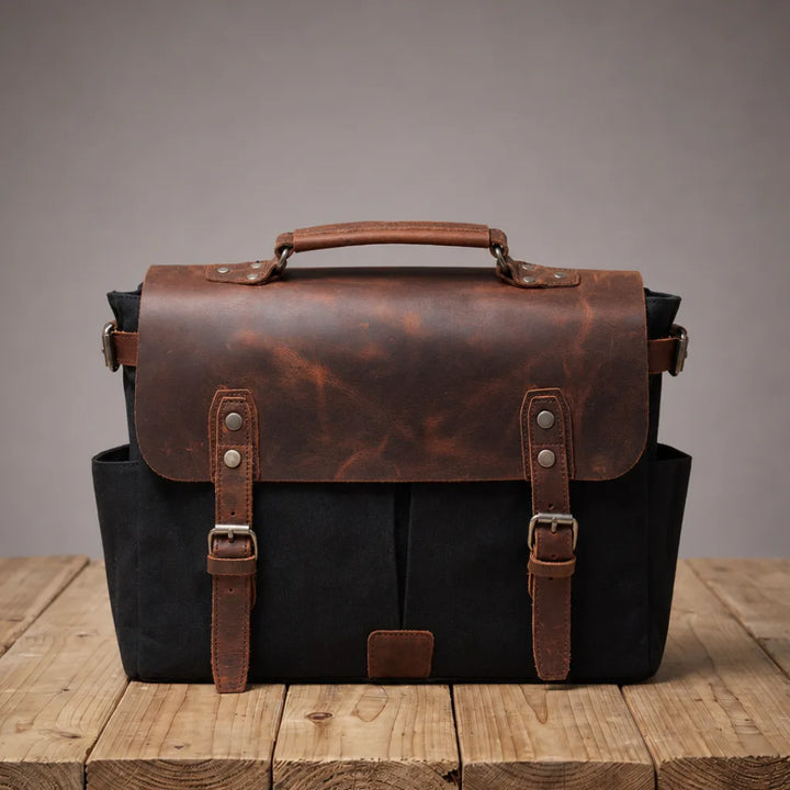Gabriel Waxed Canvas Briefcase - Color:Black