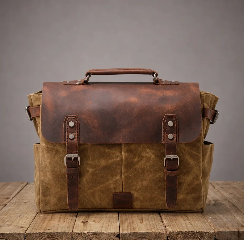 Gabriel Waxed Canvas Briefcase - Color:Khaki