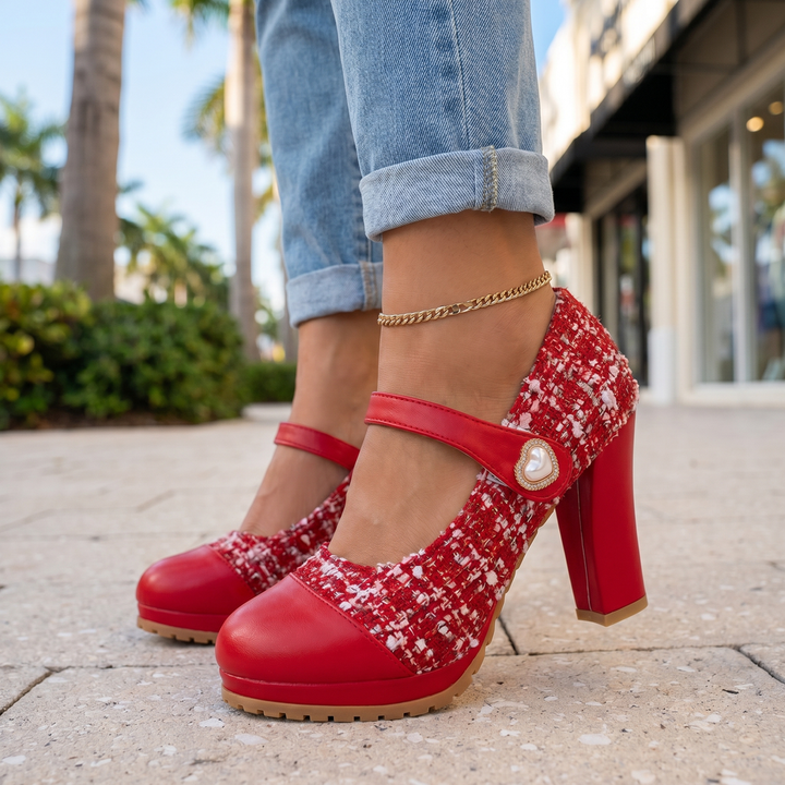Red Eliza Tweed Block Heels 1