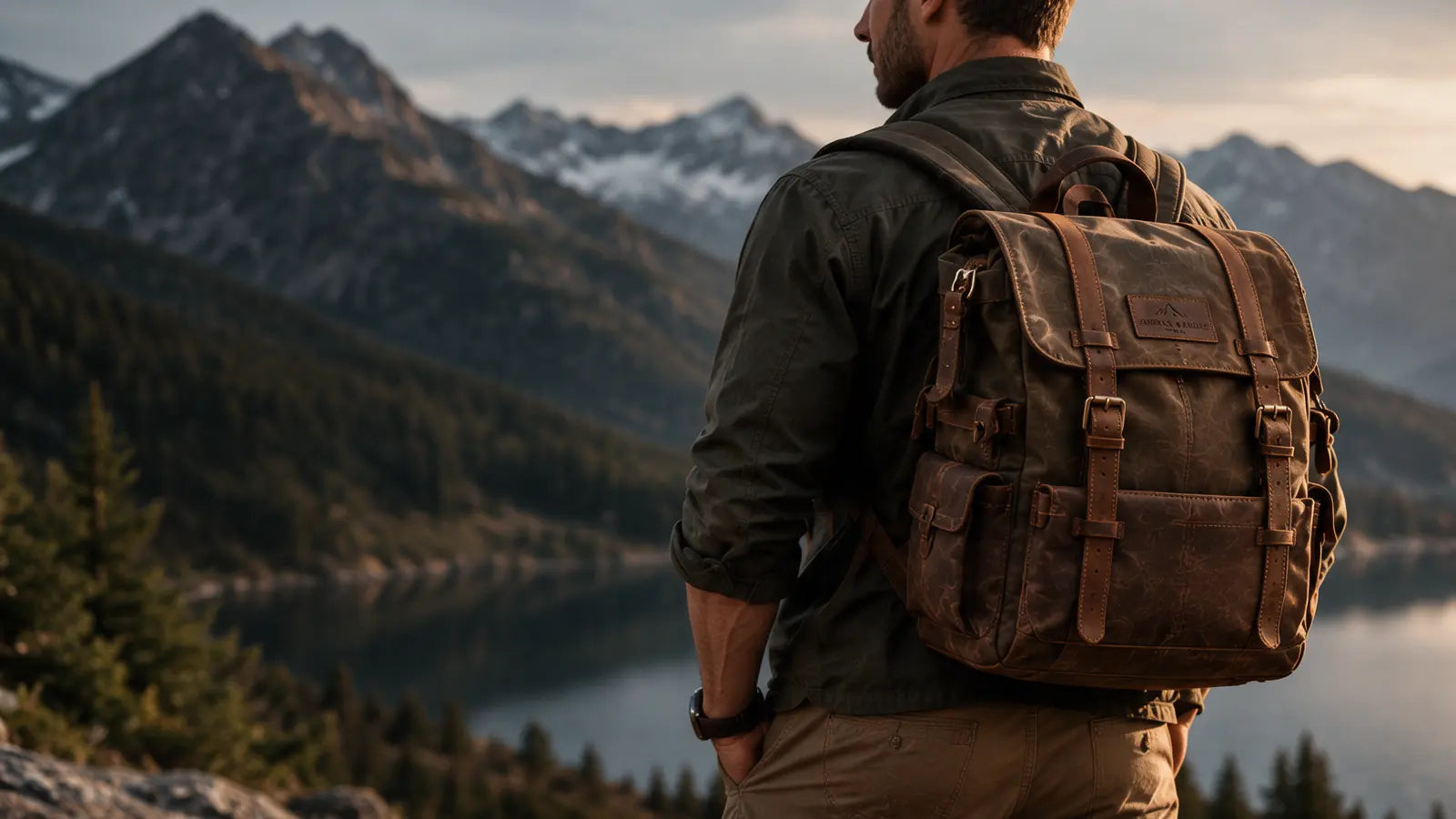 Traveler with a canvas bag in the mountains