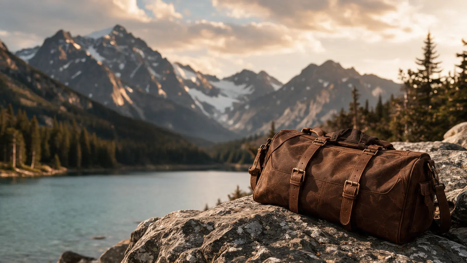 Canvas travel bag beside an alpine lake