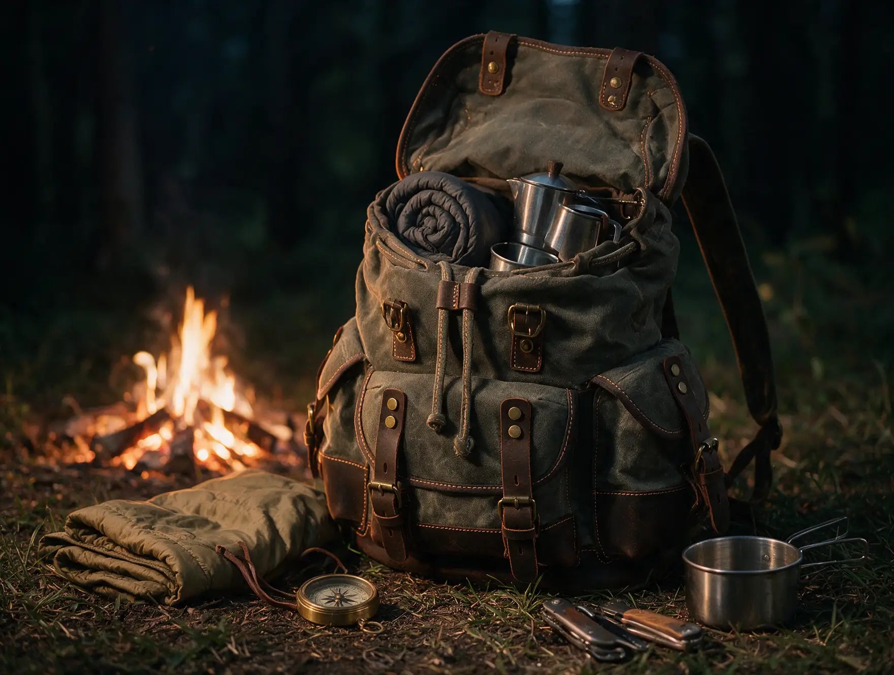 Canvas hiking backpack with outdoor supplies beside a campfire
